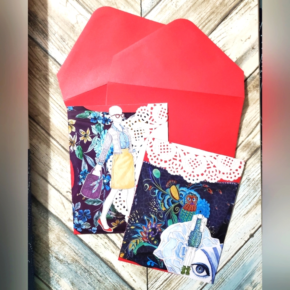 🙏 HAND CRAFTED  Set of two notecards floral doilies fashion